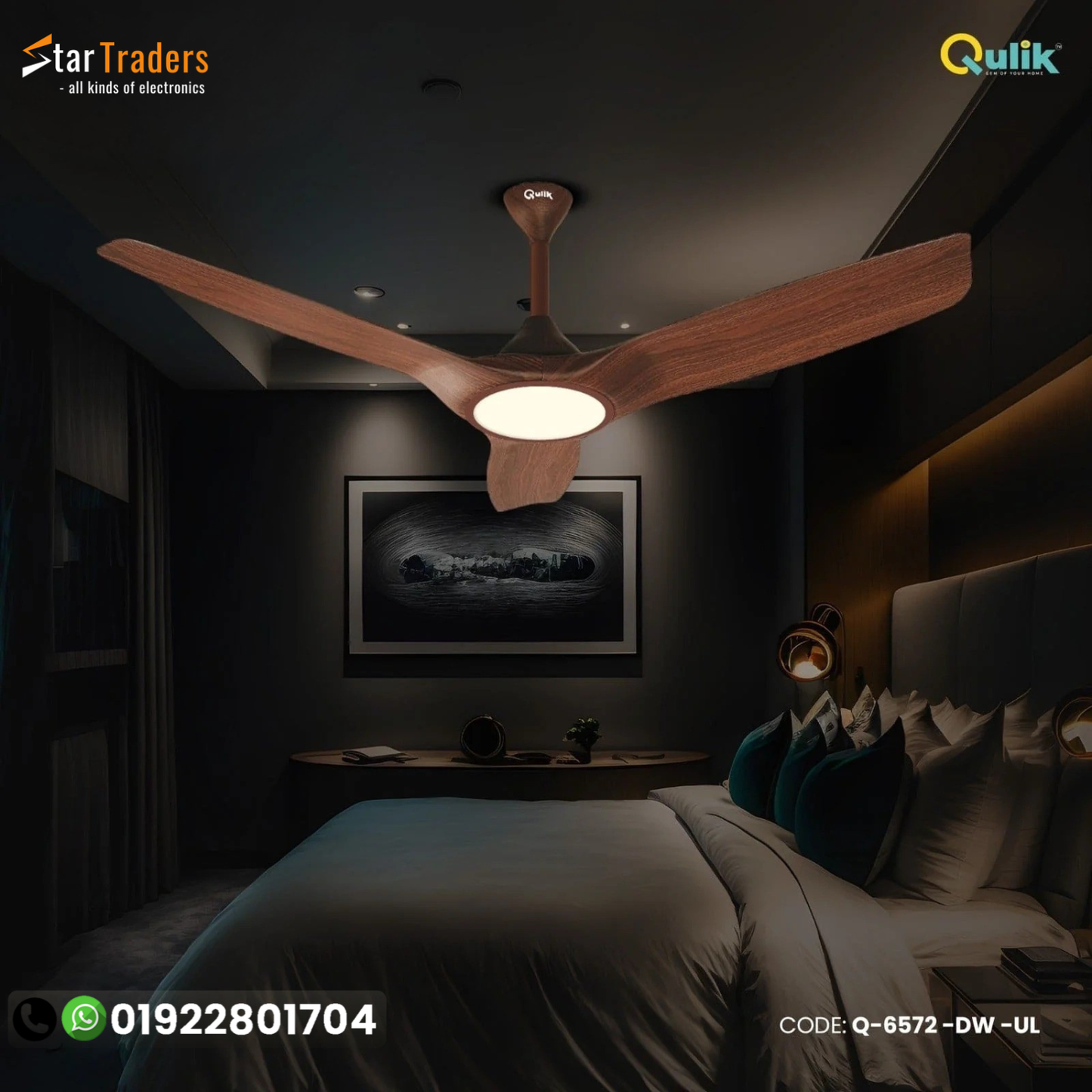 Qulik Aerovane 52" Modern Decorative Silent ABS Blade Remote Under Light Ceiling Fan (Dark Wooden) Q-6572-DW-UL