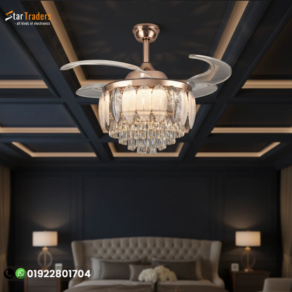 48" Crystal Chandelier Retractable Invisible Blade Silent 3 Color Change LED Remote Ceiling Fan (Golden)