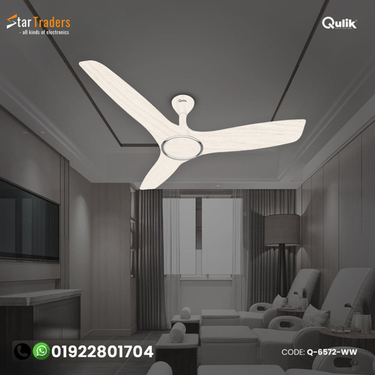 Qulik Aerovane 52" Modern Decorative Silent ABS Blade Remote Ceiling Fan (White Wood) Q-6572-WW