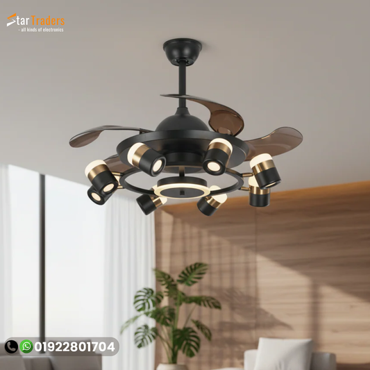 Chandelier Ceiling Fan – Breeze Lux 4 Blade 48" with LED Light & Remote (BL-140, Black & Gold, Coffee Blades)