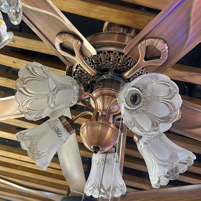 52" -Glass Flower Lampshade Copper Motor Remote Control Under-light Ceiling Fan