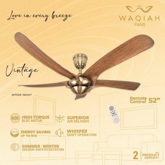 WAQIAH 5 Blade 52 inch Luxury Ceiling Fan Vintage Antique Walnut (Golden)