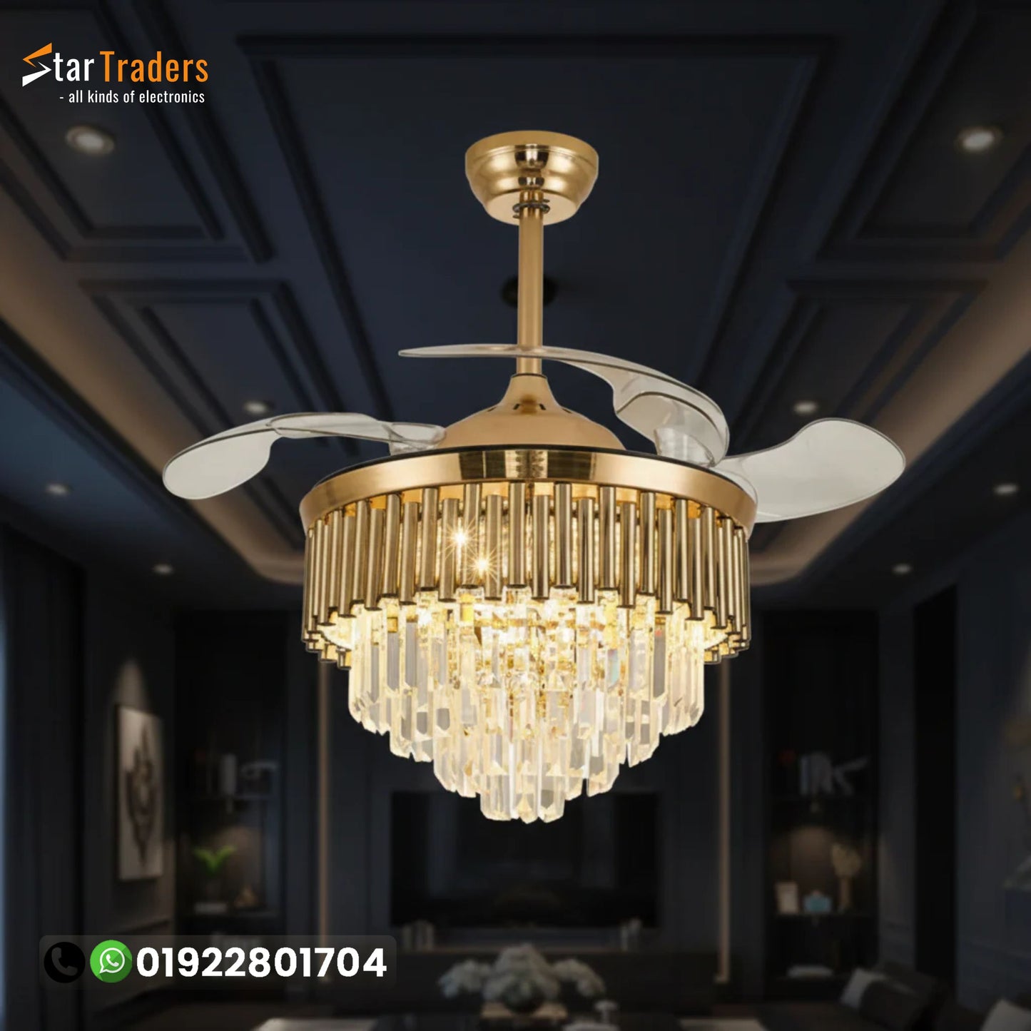 48" Crystal Chandelier Retractable Invisible Blade Silent 3 Color Change LED Remote Ceiling Fan (Golden)