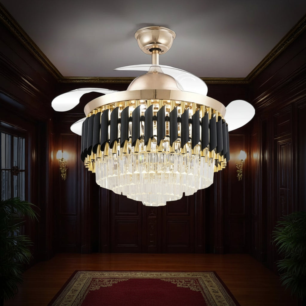 48" Crystal Chandelier Retractable Invisible Blade Silent 3 Color Change LED Remote Ceiling Fan (Golden)