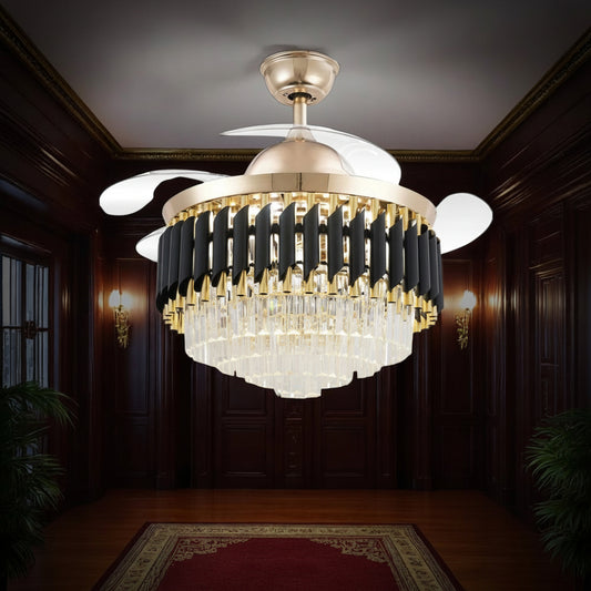 48" Crystal Chandelier Retractable Invisible Blade Silent 3 Color Change LED Remote Ceiling Fan (Golden)
