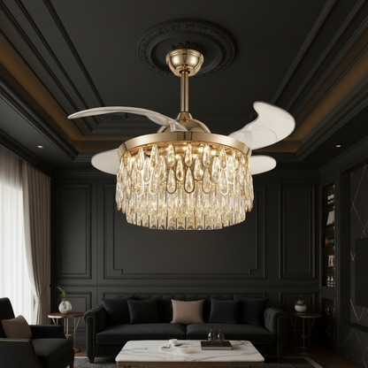 48" Breezlux Crystal Retractable Luxury Decorative Silent Underlight Invisible Blade Chandelier with Remote Ceiling Fan (Golden) BL-2863