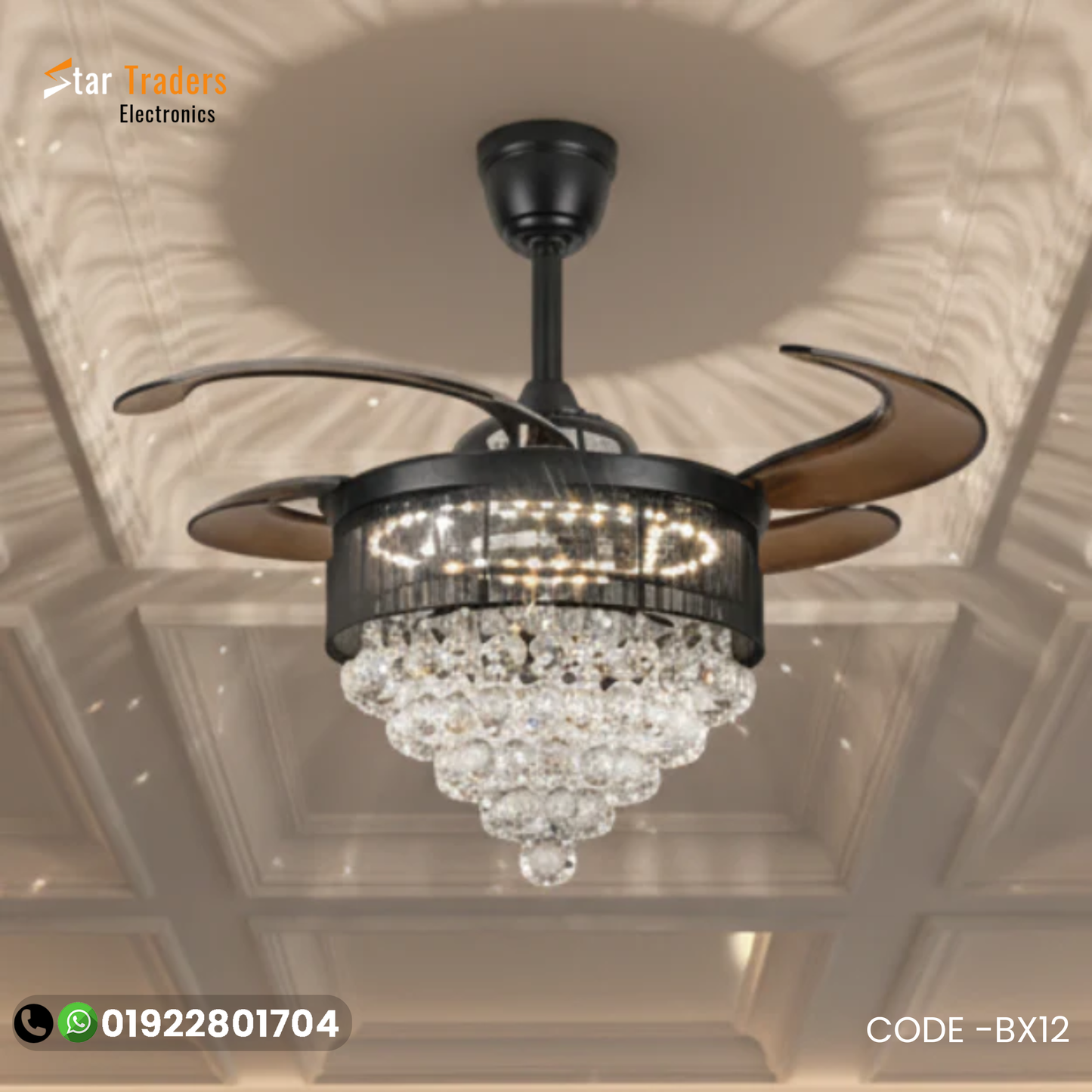 Chandelier Ceiling Fan – Breeze Lux 4 Blade 48" with Crystal Lampshade & Remote (BL-137, Black, Coffee blades