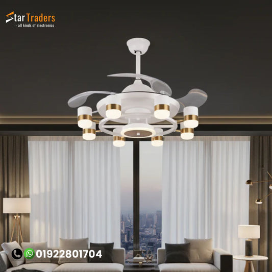Chandelier Ceiling Fan – Breeze Lux 4 Blade 48" with LED Light & Remote (BL-134, White & Gold, Transparent Blades)