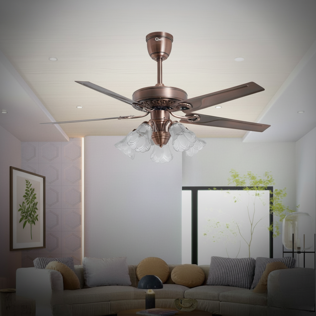 52" -Glass Flower Lampshade Copper Motor Remote Control Under-light Ceiling Fan