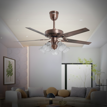 52" -Glass Flower Lampshade Copper Motor Remote Control Under-light Ceiling Fan