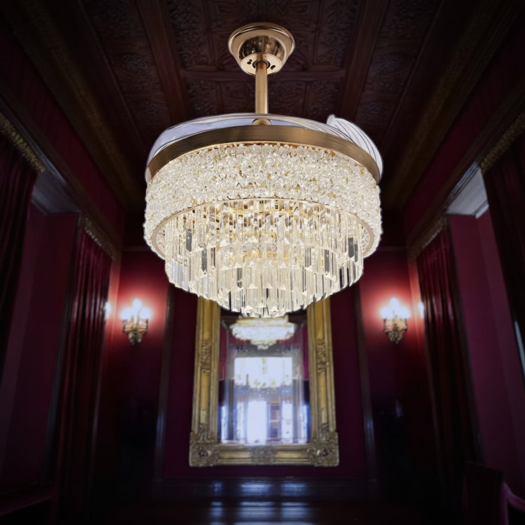 48" Crystal Chandelier Retractable Invisible Blade Silent 3 Color Change LED Remote Ceiling Fan (Golden)