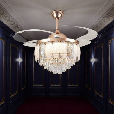 48" Crystal Chandelier Retractable Invisible Blade Silent 3 Color Change LED Remote Ceiling Fan (Golden)