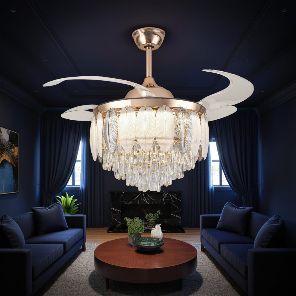 48" Crystal Chandelier Retractable Invisible Blade Silent 3 Color Change LED Remote Ceiling Fan (Golden)