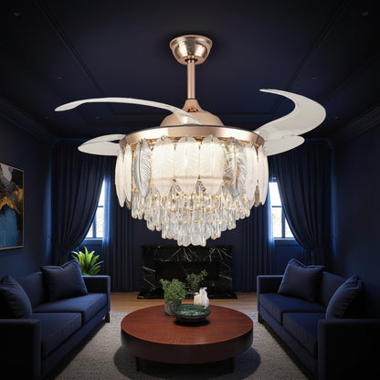 48" Crystal Chandelier Retractable Invisible Blade Silent 3 Color Change LED Remote Ceiling Fan (Golden)