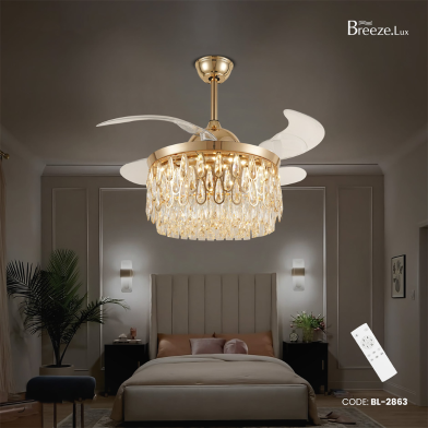 48" Breezlux Crystal Retractable Luxury Decorative Silent Underlight Invisible Blade Chandelier with Remote Ceiling Fan (Golden) BL-2863